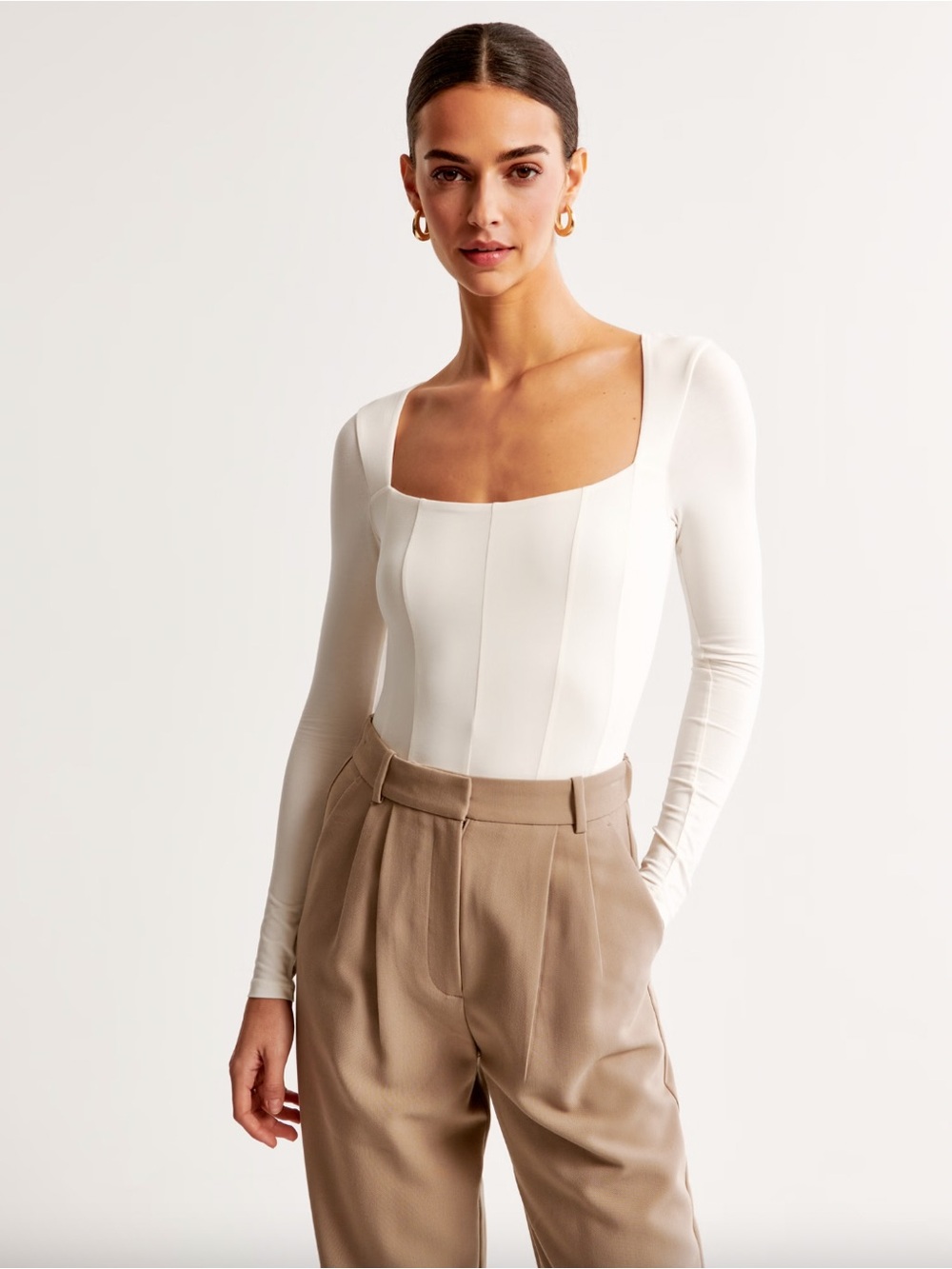 Abercrombie Cream Long-Sleeve Cotton-Modal Squareneck Corset Bodysuit